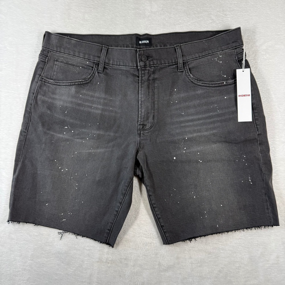 Hudson Rex Blackout Slim Paint Splatter Raw Hem Denim Shorts Mens 40 HX2BLO6845